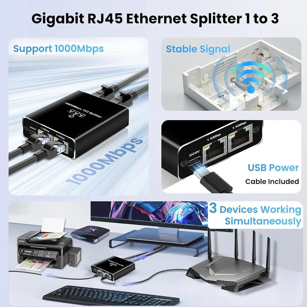 Sc163530dee524e88a891a8025d34b532R Gigabit 1000Mbps RJ45 Splitter 1 to 2 3 4 Ethernet Adapter Lan Connector Switch Coupler for PC Laptop TV Box Router Digital TV