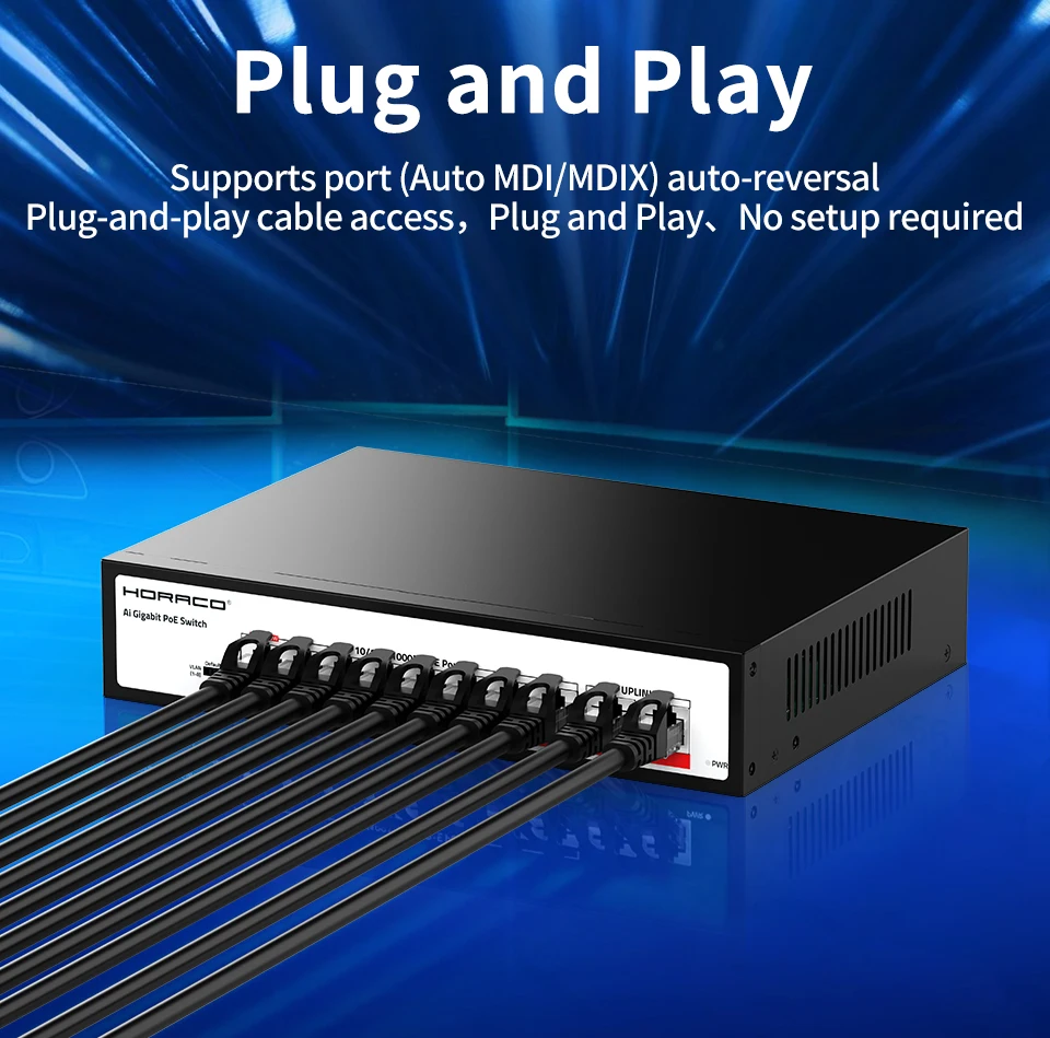 Sc7a07dd3ccf048618f79685e69dc64c5L HORACO 10 Port Gigabit POE Switch 1000Mbps Active POE Network Switch 120W for IP Camera,NVR,Surveillance,CCTV,POE Camera