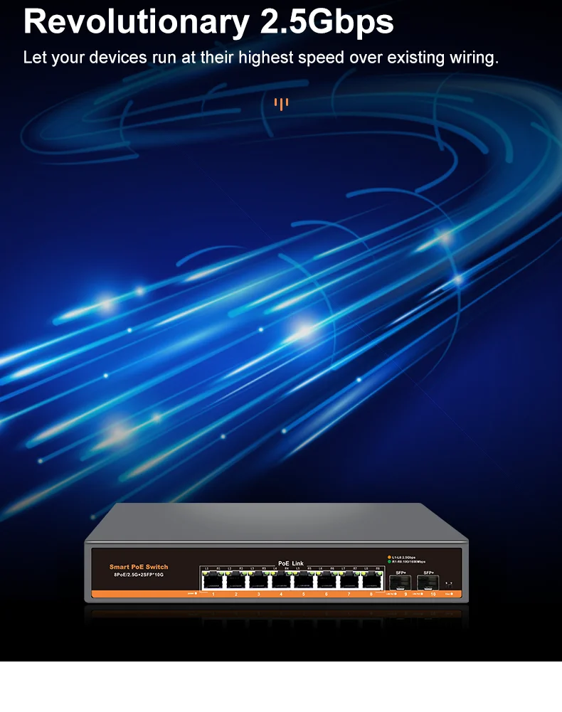 Scaf45fc4b49b4a82b4778f82a9d16310u KeepLiNK 10-port Multi-gigabit unmanaged Ethernet switch with 8 x 2.5GbE IEEE 802.3af/at PoE+ Ports and 2 x 10Gb SFP+ For Uplink