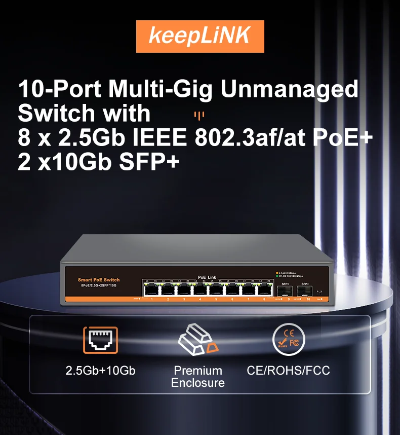 Scf3811d25a63452dac4efd79044a17cf3 KeepLiNK 10-port Multi-gigabit unmanaged Ethernet switch with 8 x 2.5GbE IEEE 802.3af/at PoE+ Ports and 2 x 10Gb SFP+ For Uplink