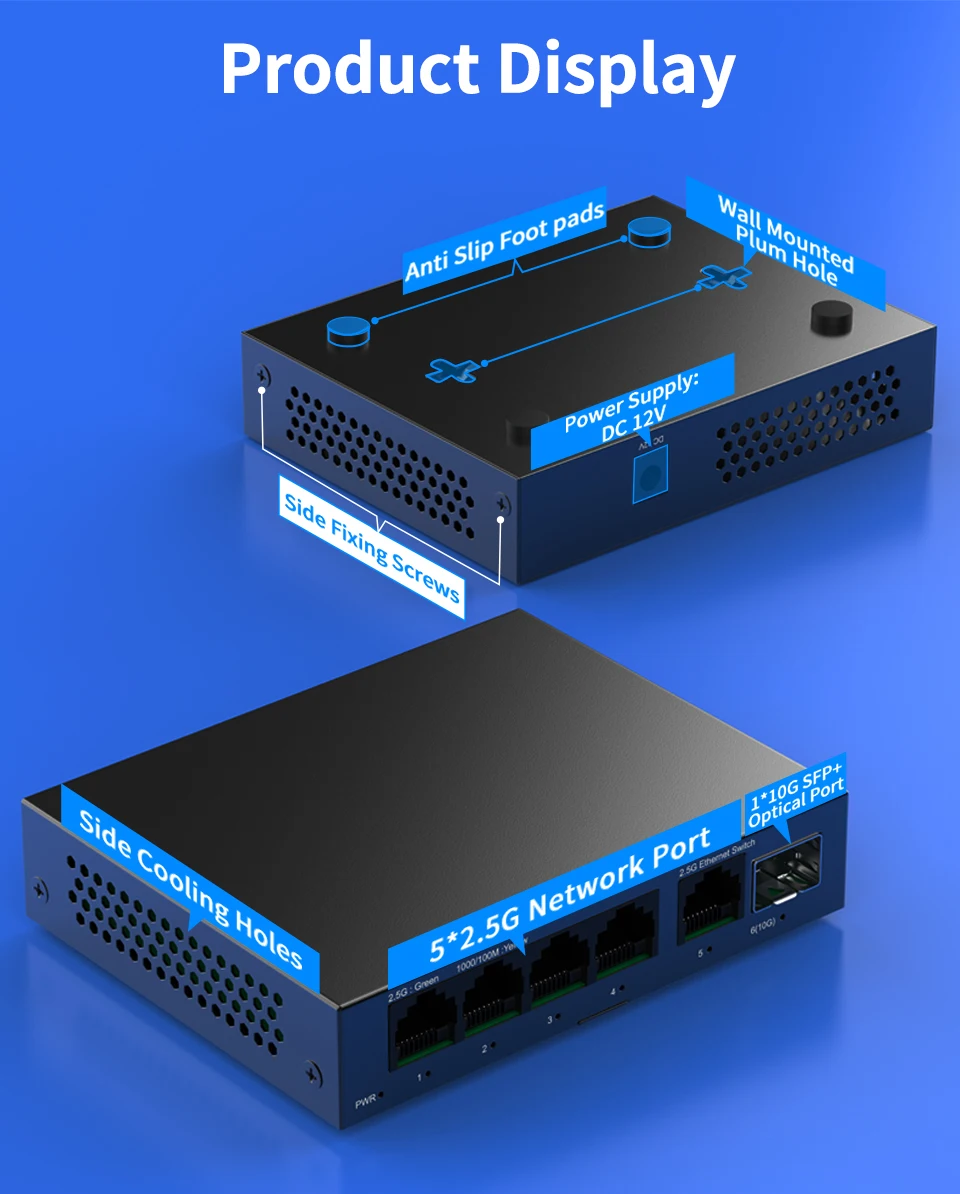 Sd3a6f479c3be483c88fb4453c1cdbbecX Switch Ethernet 5 ports 2.5GbE non administrable, 2.5 Gbps, 1 port SFP+ 10 Gb, homelab, plug and play