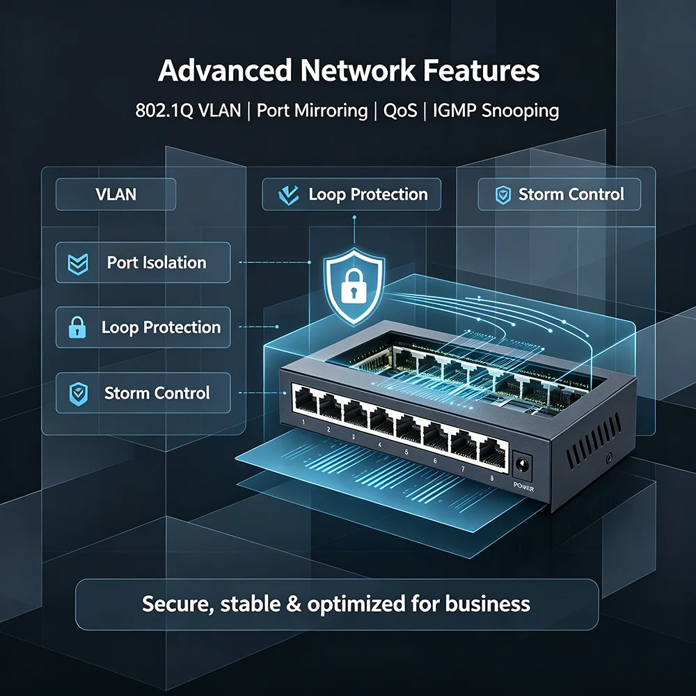 Sd3e59770dc3c4e719ddb0971ab18bafbC 8/5 Port Gigabit Web Managed Switch Metal Fanless Home Lab Network Switch Link Aggregation/VLAN/QOS/IGMP/AI Port Monitoring