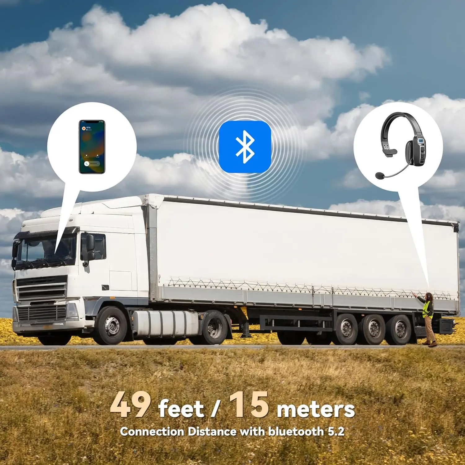 Sd58225ddfad44ad1ada61ff8940b74a8s Casque Bluetooth Trucker double micro antibruit CVC8.0, bouton mute, 60 h d'autonomie, sans fil supra-aural