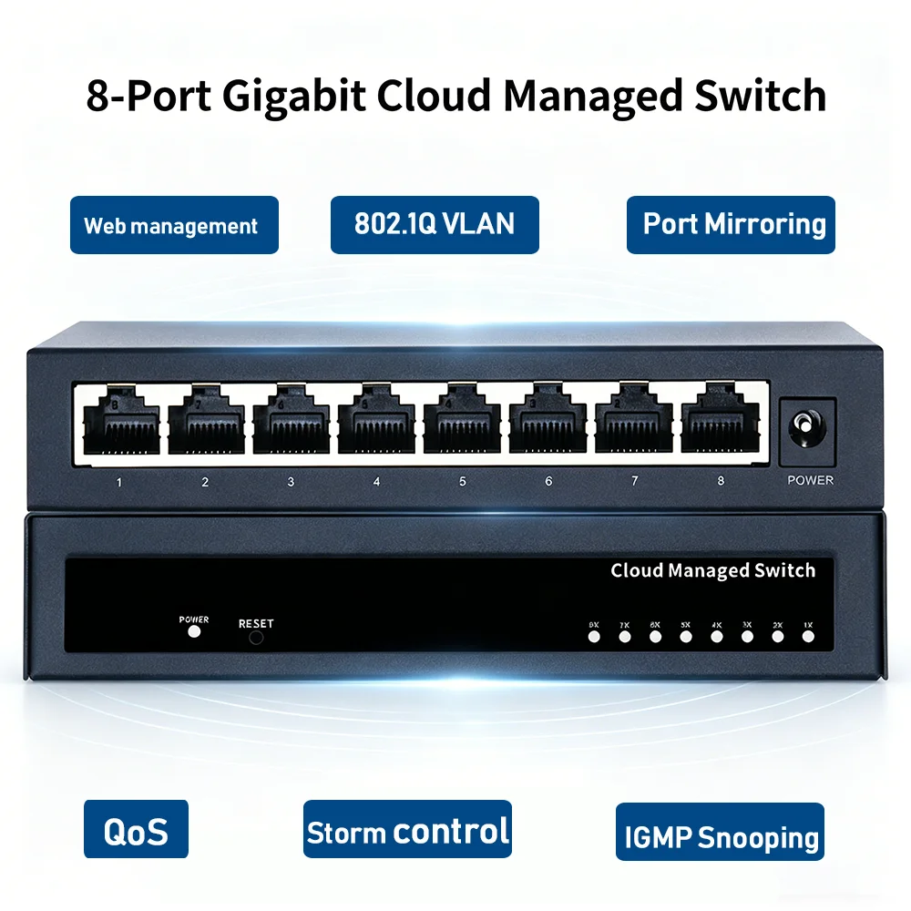 Se226dac7450d4d739bfbc29cea8f54cax 8/5 Port Gigabit Web Managed Switch Metal Fanless Home Lab Network Switch Link Aggregation/VLAN/QOS/IGMP/AI Port Monitoring