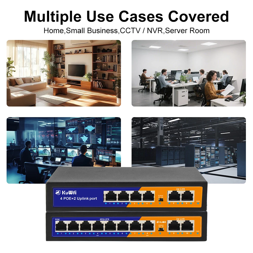 Se591c11120784713a6f216c1f9f45ca0Z KuWFi POE Ethernet Switch 4/8 POE Port Port Extend 250 Meter Unmanaged Network Switch 2 UPLink Home Office Switch Plug and Play