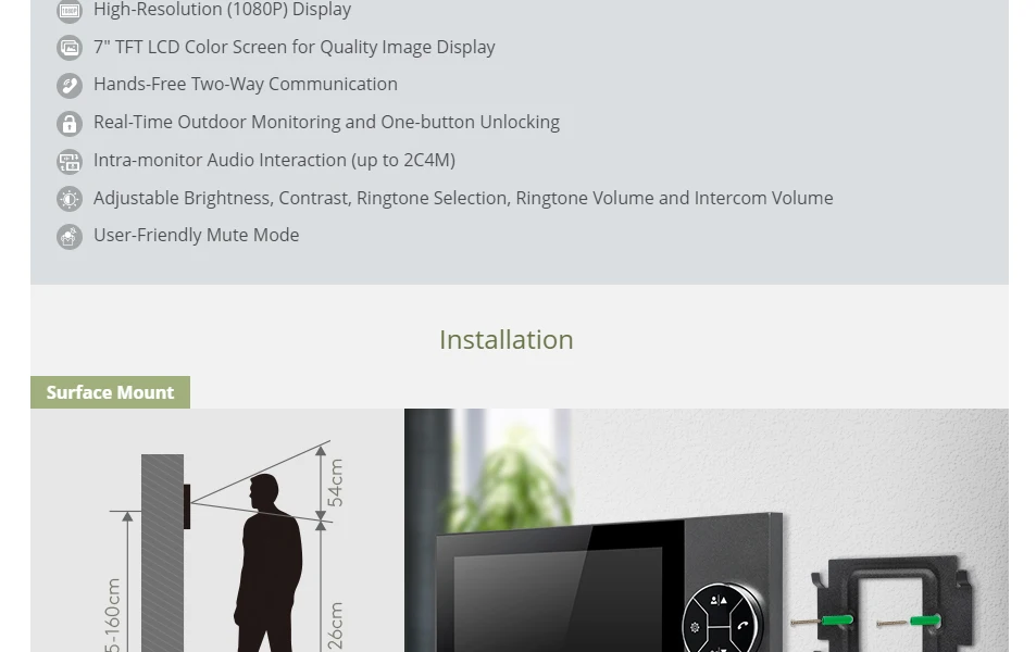 Se711c395cf1e4d368f39d206884edd03L Moniteur intérieur 7" HD mode muet avec prise DC15 pour interphone vidéo HOMSECUR 4 fils, sécurité domestique