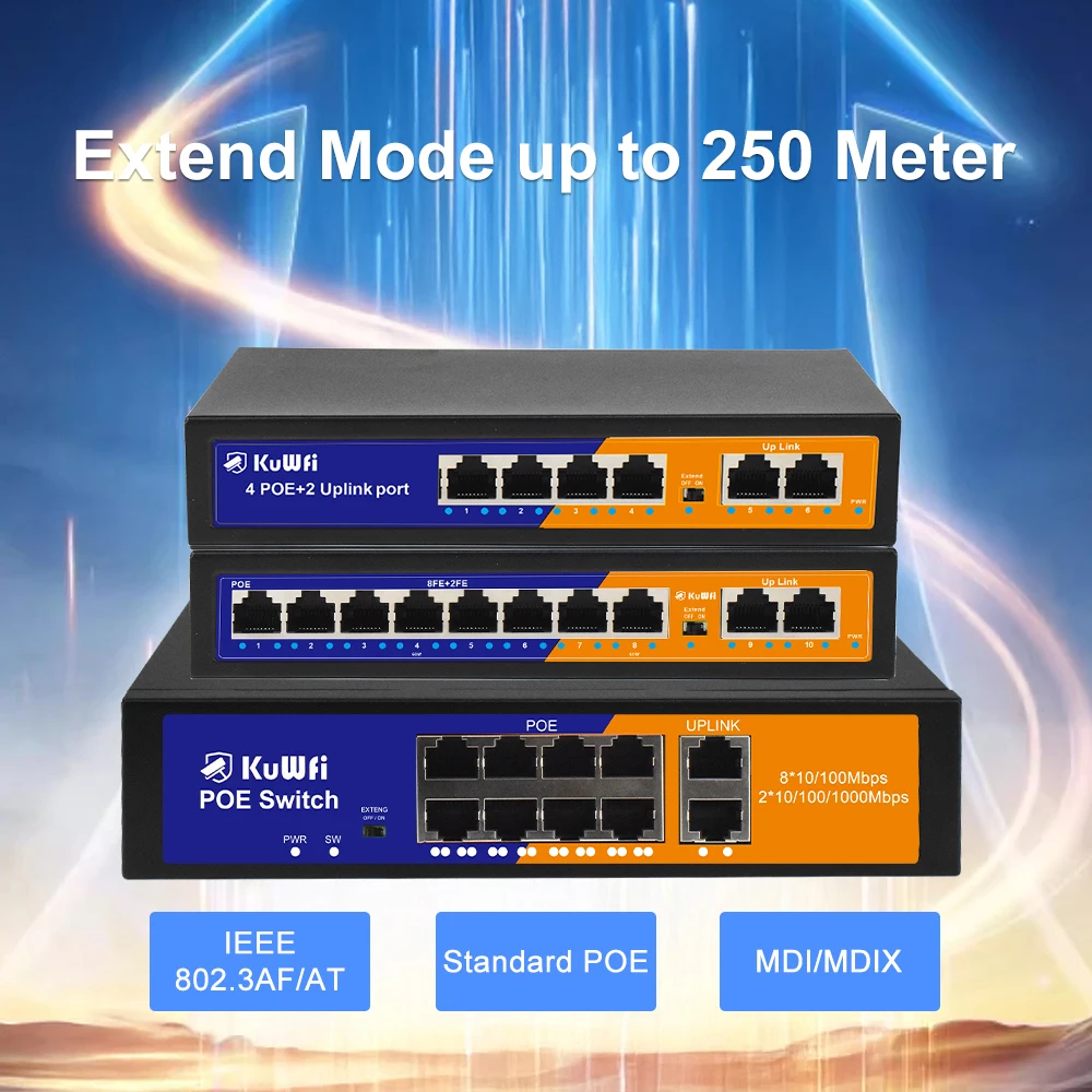 Sec45f052777f4db189932d75902f0b82I KuWFi POE Ethernet Switch 4/8 POE Port Port Extend 250 Meter Unmanaged Network Switch 2 UPLink Home Office Switch Plug and Play