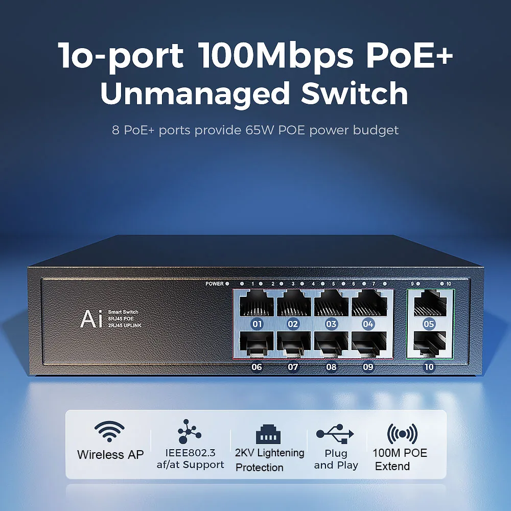 Sec5a7e9572ea4852804a5a6f3739e50at Ienron POE Switch 6/10 Ports 100Mbps Ethernet Switch POE ieee802.3af/at Network Switch Ethernet For Wifi Router IP Camera