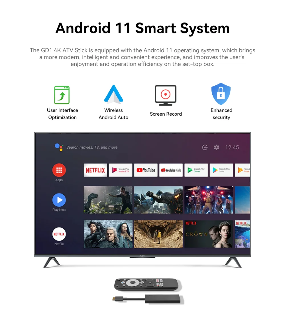 Sf0adab143bf04e1387829353b09a6342o GD1 google Certified genuine netflix 4K Smart Android TV Stick with Amlogic S905Y4 2GB+16GB Support App update version Chile,US