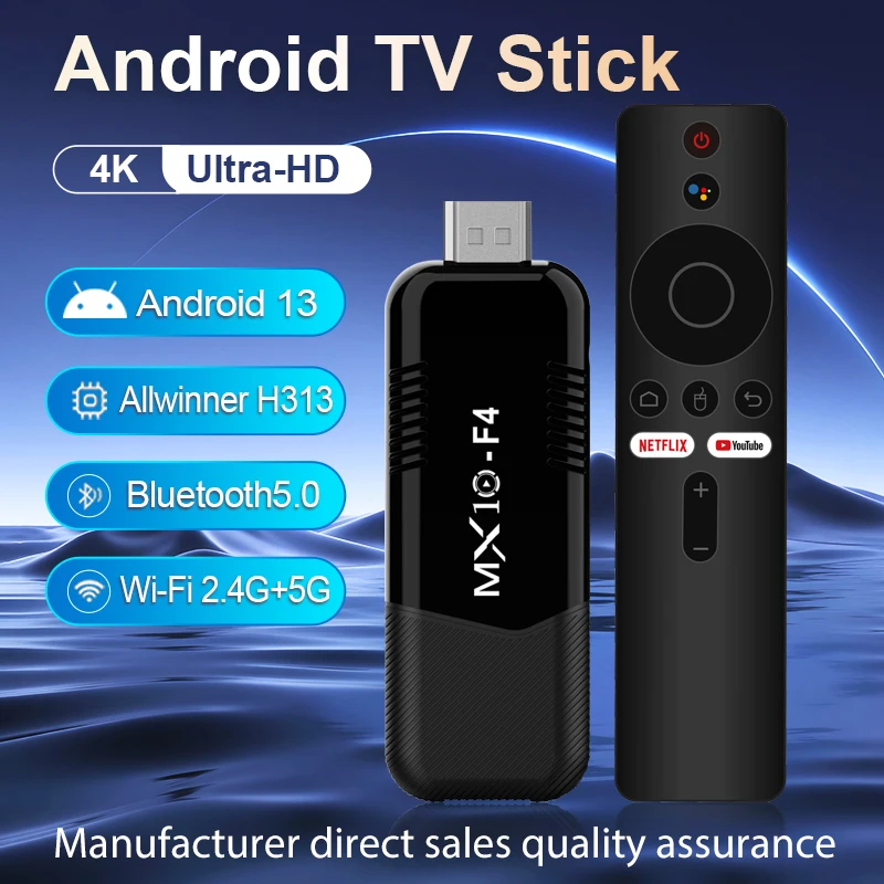 Sf163002701784819af0bbfe627b27f2bC TV Stick Android 13 MX10 F4 2GB RAM 16GB eMMC 4K 60fps WiFi 5 BT5.0 Voice Remote Streaming Player