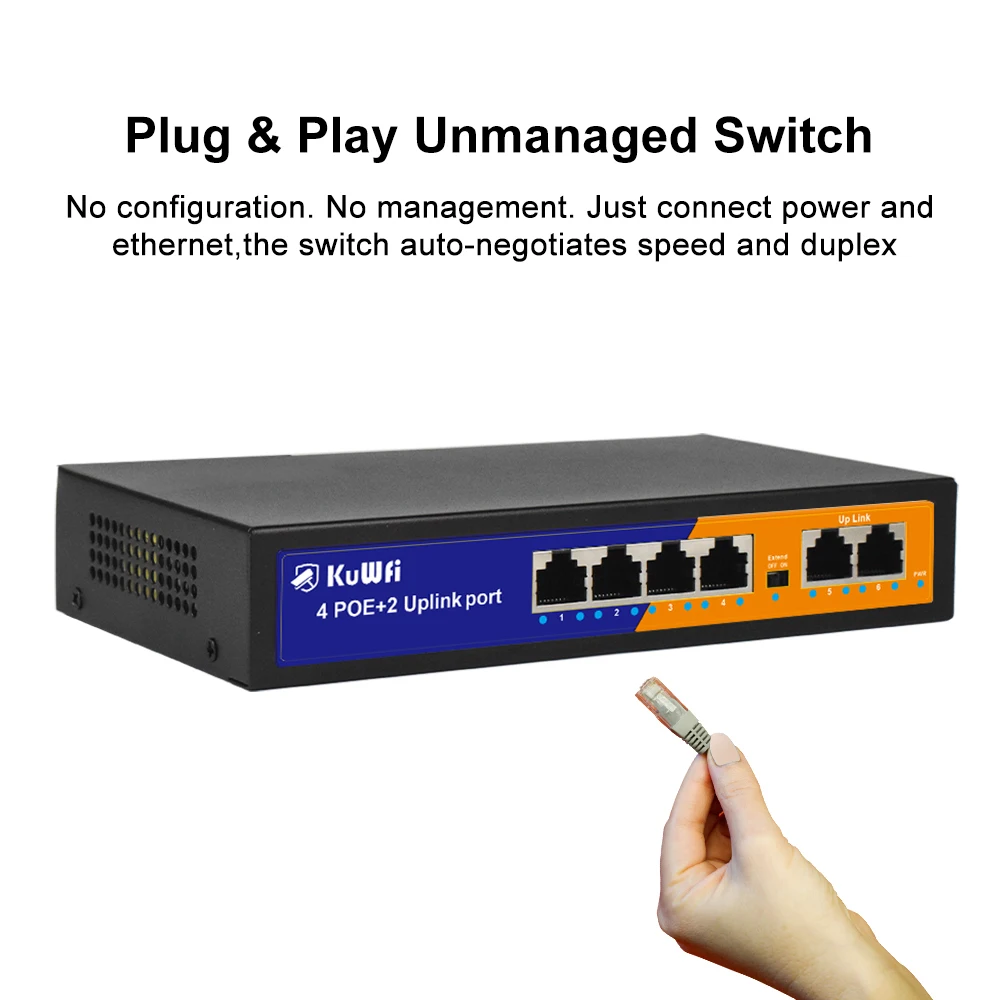 Sfae4b66f4af44199a996954541dbe0c6s KuWFi POE Ethernet Switch 4/8 POE Port Port Extend 250 Meter Unmanaged Network Switch 2 UPLink Home Office Switch Plug and Play